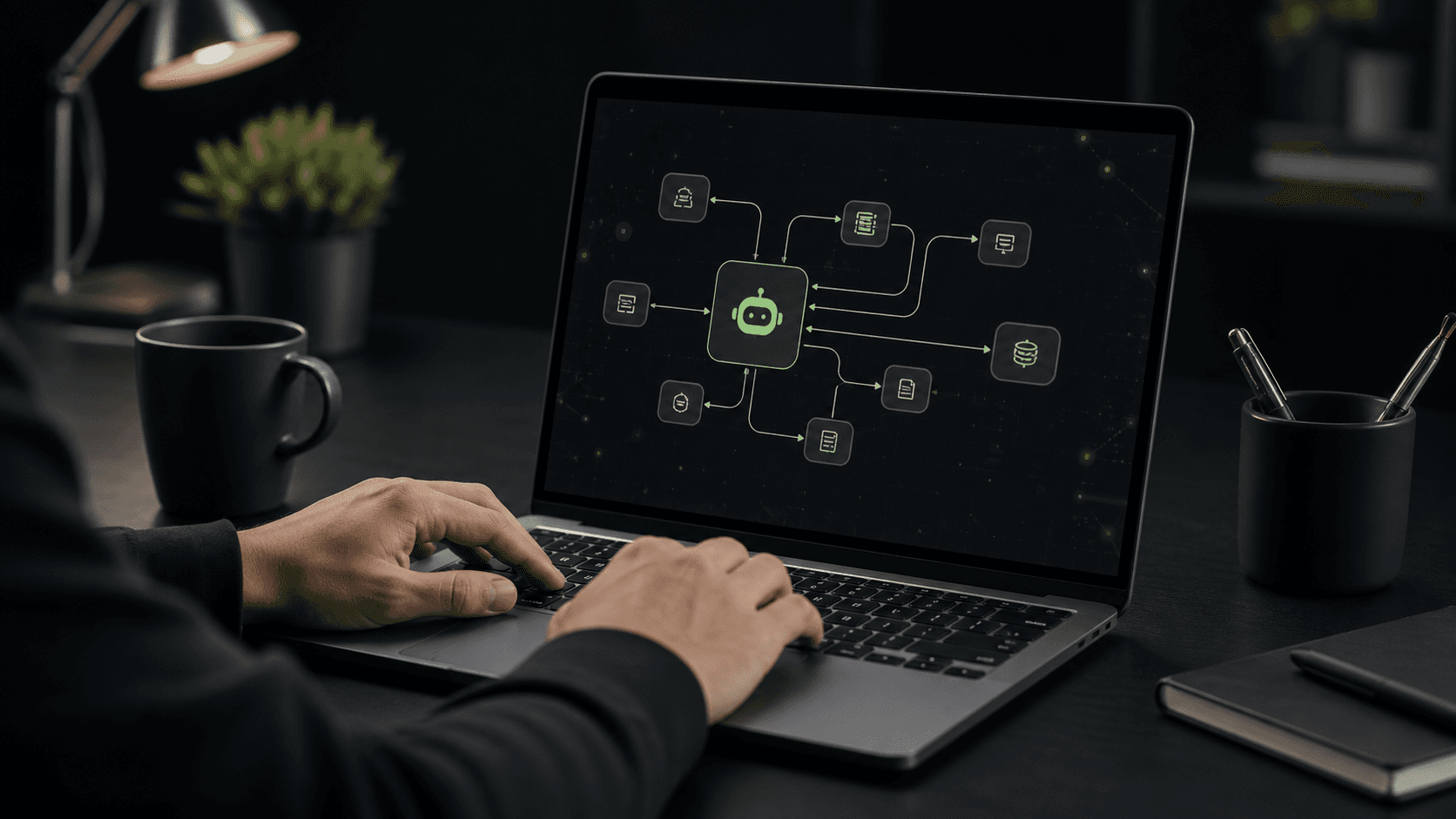 Professional using an AI automation workflow on a laptop in a dark studio workspace.