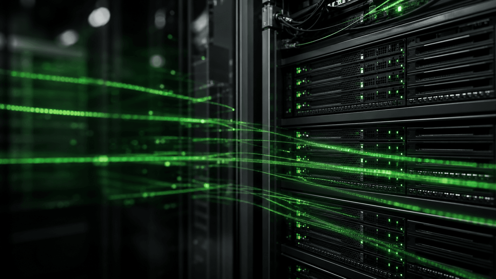 Enterprise server hardware connected by restrained green data-light paths.