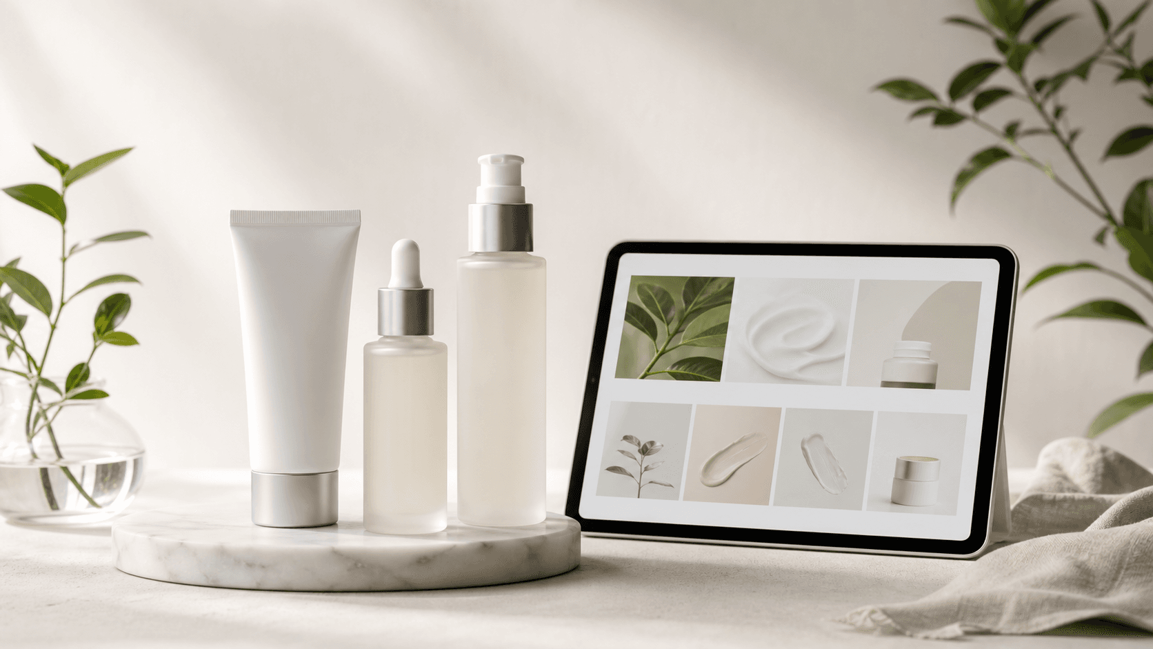 Premium skincare products arranged beside a tablet displaying an ecommerce product gallery.