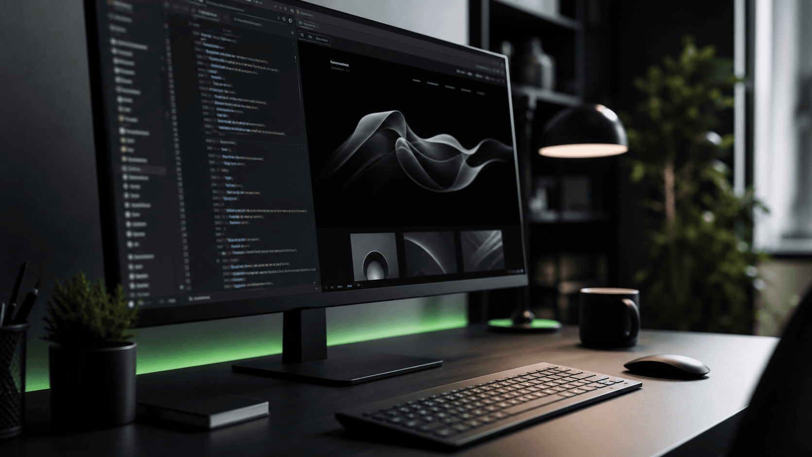 Modern website development workspace with a dark code editor and refined digital canvas.