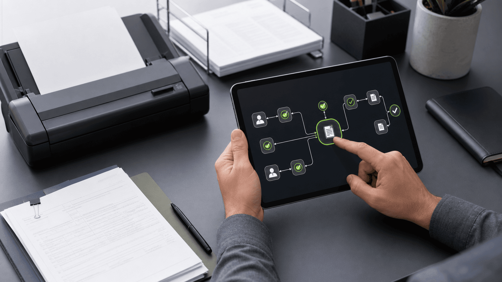 Business operator using a tablet with a connected approvals and workflow diagram.